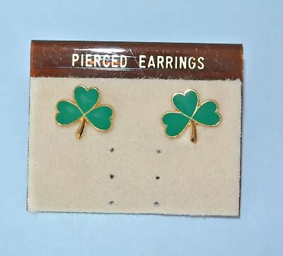 Vintage Green Enamel Irish Shamrock Gold Tone 0.5  Pierced Earrings ~ NOS • $6.99