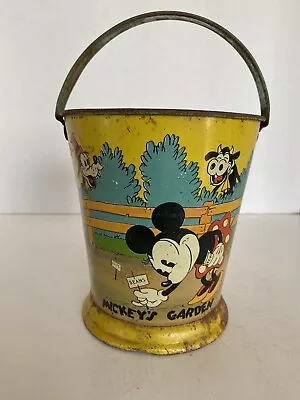 1930's Disney  Mickey's Garden  Minnie Mouse Pluto Goofy Toy Sand Pail Ohio Art • $124.95