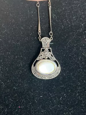 Marcasite Mother Of Pearl And Sterling Tear Drop Pendant On Silvertone 15+”chain • $29.99