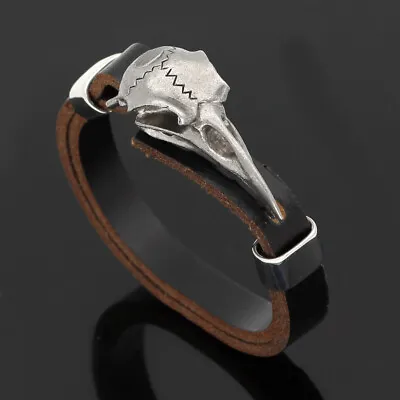 Men's Vintage Norse Viking Pirate Raven Crow Skull Leather Wristband Bracelet  • $10.99