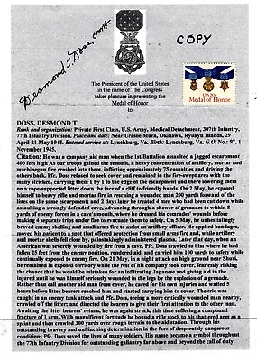 Desmond Doss Medal Of Honor Signed Citation  Copy &  Facsimile World War II • $1.95