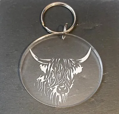 Highland Cow Engraved Keyring Keychain Bag Charm Gift In Clear Acrylic • £2.95