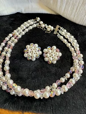 Vintage Faux Pearl Necklace W/Pink AB Swarovski Crystal Choker Style • $34.95