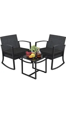 3 Piece Outdoor Furniture Set Patio Bistro Rocking Chairs With Glass Table Black • $160