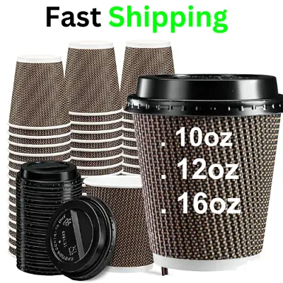 10oz 12oz16oz Disposable Coffee Cups With Lids Insulated Paper Ripple Wall Cup • £84