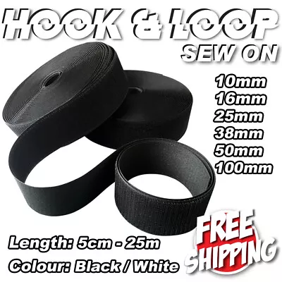 SEW ON Hook Loop 10/16/25/38/50/70/100mm Fastening Tape Black White • $1