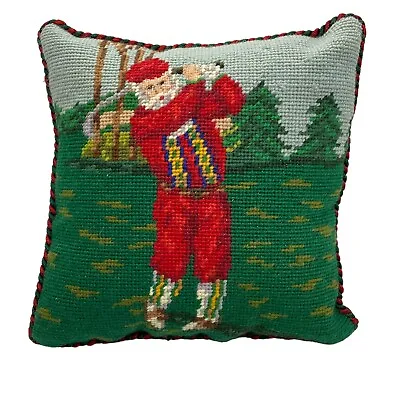 $18 • Buy Vtg Needlepoint Christmas Pillow 9” Golfing Santa Green Velvet Back Suspenders