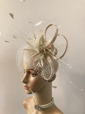 £39.99 • Buy Beige Sinamay Pillbox Feather Net Fascinator Hat Wedding Races Ascot