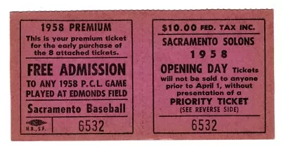 PCL Sacramento Solons 1958 Opening Day Ticket • $12