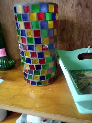Handmade Vase Covered In 228 Different Colored Square Glass Pieces One Of A Kind • $40