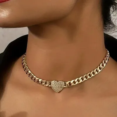 Golden Hip Hop Style Chunky Chain Love Heart  Choker Inlaid Rhinestone Neck Gift • $15.98