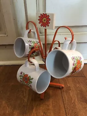 Vintage MCM Flower Mugs(4) On Orange Metal Holder W/Flower • $32