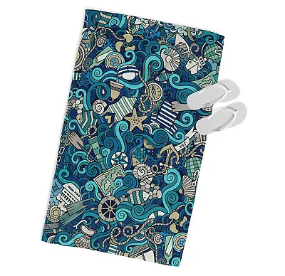 Marine Nautical Pattern MICROFIBRE BEACH TOWEL Designer Blue • £22.99