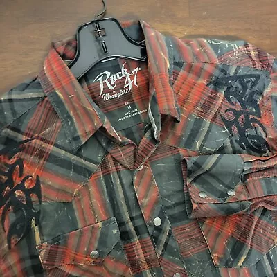 Wrangler Rock 47 Mens M Metal Snap Western Shirt Red Plaid Embroidered  • $24.95