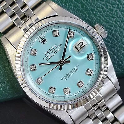 Rolex Mens Datejust Gold & Steel Blue Diamond Dial Fluted Bezel 36mm Watch 1601 • $4123.70