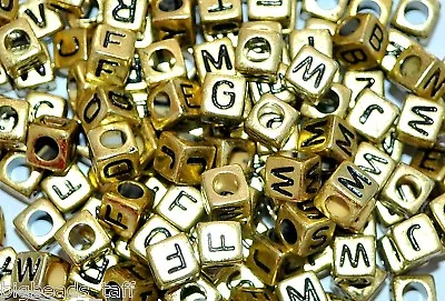 100pcs 6mm Cube Gold Colour Alphabets / Letters Beads Mixed In Random • £2.09