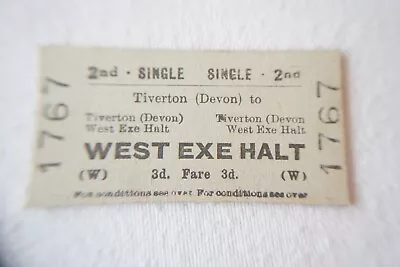 1962 Tiverton To West Exe Halt British Rail Railway Train Ticket  • £4.99