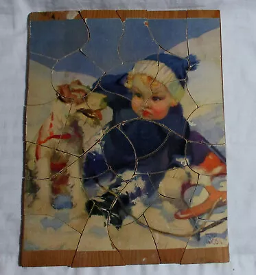 Vtg Hand Cut? Wooden 2 Sided Jigsaw PuzzleChild W/ Dog And Mexican Scene-31 Pcs • $23