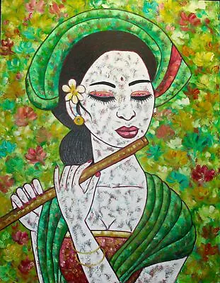 Balinese Women Flute Musician Wall Art Painting Acrylic Canvas Signed Ubud Bali • $387.72