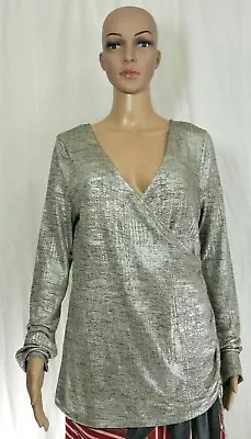 Trouve Metallic Silver Long Sleeve Ruched Faux Wrap Top Womens Large  • $27.99