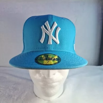 New Era 59Fifty New York Yankees Flat Brim Cap Hat Baby Blue Size 7 • $25