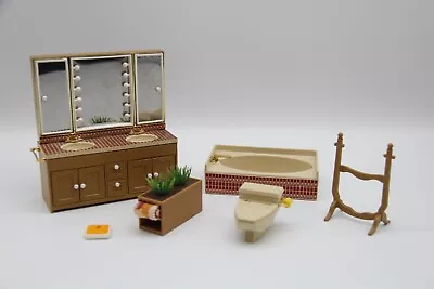 Vtg TOMY Dollhouse Bathroom Set Bathtub Sink Vanity Toilet Scale Mirror Stand • $24.99