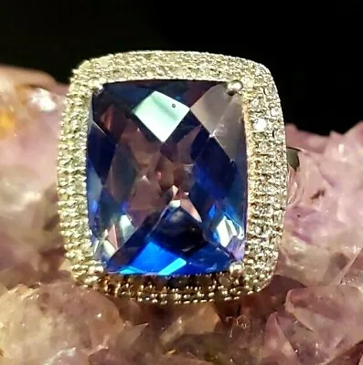 AAA Blue Tanzanite 10.5ct Diamond Cluster .4ct 925 Sterling Silver Ring Size 7 • $2250
