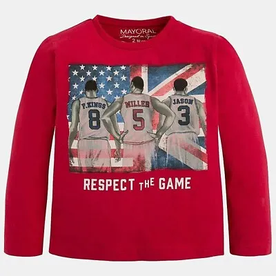 Mayoral NWT Boys Size 9 Red L/S 'Respect The Game' Basketball Graphic Tee-Shirt • $10