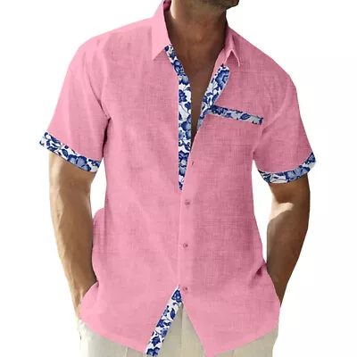 Men Short Sleeve Cotton Linen Shirt Casual Loose Lapel Collar T-Shirt Blouse Top • £12.11