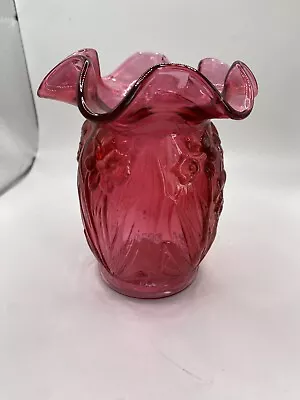 Vintage Fenton Art Glass Vase Ruffled Mulberry Daffodil Pink Cranberry Vase • $29.99