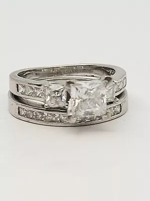 Vintage Sterling 925 Silver Princess Cut 6mm CZ Bridal Set Rings Sz 7.75 - 6.8g • $28.50