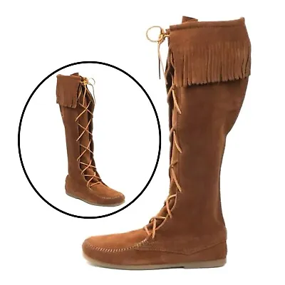 Minnetonka Knee High Moccasin Boots 1422 Womens 8 Rust Brown Fringe Moccasins • £77.05