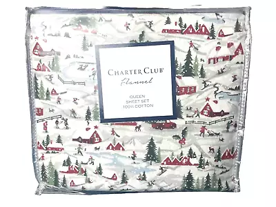 Charter Club Luxe 100% Cotton Flannel 4 Piece Sheet Set Snow Village Queen $140 • $71.99