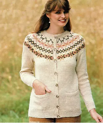 Ladies Fair Isle Yoke Cardigan With Pockets Knitting Pattern DK 34-40  1428 • £2.09