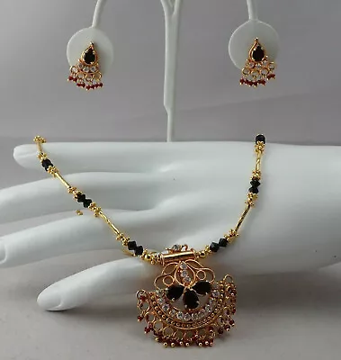 Indian Wedding Red Clear Crystal 15  Dangle Necklace With Pierced Earring Set • $24.95