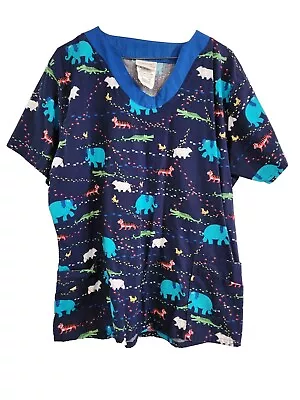 UA Scrubs (Top Only) Wild Life Blue Scrub Top Pockets Size XL • $8.25