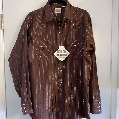 Ely Cattleman Western Pearl Snap Shirt Men's L Brown Metallic Stripe W/Tags • $24.99