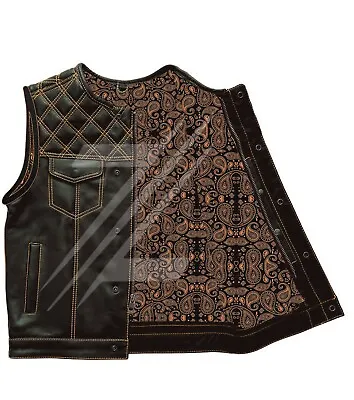 Orange Paisley Motorcycle Vest Men's Leather Vest Hunting Riders Diamond Quilted • $162