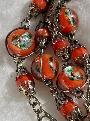 Czech Foil Glass Bead Necklace Orange Art Glass 1930s Style Art Deco Jewelry 40” • $15