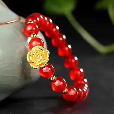 Real Pure 24K Yellow Gold 3D Lucky Beauty Flower Link Red Agate Beaded Bracelet • £150.22