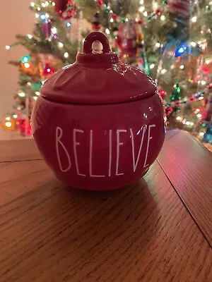 Rae Dunn Christmas Container BELIEVE Christmas Red Jar Ornament Shaped 5” • $14.97