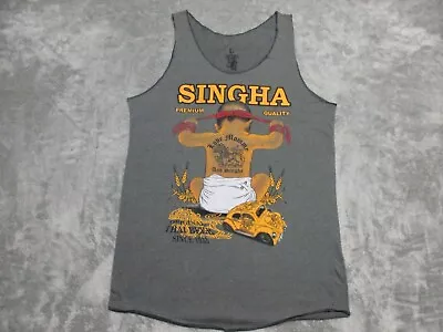 Singha Thai Beer Shirt Adult Mens LARGE Gray Yellow Baby Fighter Beach Tank Top • $18