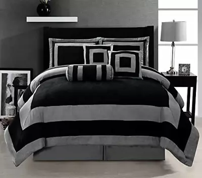 Oversize Black/Grey Comforter Set Micro Suede Patchwork Bed In A Bag Queen Size  • $142.83