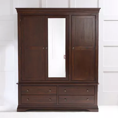 French Hardwood Mahogany Stained 3 Door Triple Wardrobe With Mirror - HW13 • £999