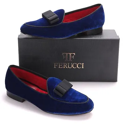 Men FERUCCI Blue Velvet Slippers Loafers Flat With Black Bow  Wedding Prom • $112.49