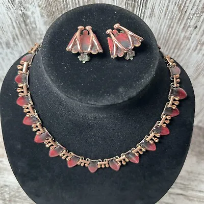 Vtg Matisse Red Copper Enamel Egyptian Necklace Earrings Set • $71.98