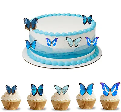 24 Edible Blue Butterflies Style Iced Fondant / Card Cupcake Fairy Cake Toppers • £5