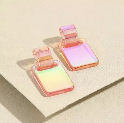 Neon Iridescent Pink Acrylic Square Earrings NEW Chunky Bright Rave Jewelry Gift • $15.95