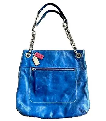 Coach Poppy Distressed Leather Slim Tote W/ Sliding Chain Cobalt Blue #21199 • $68.88