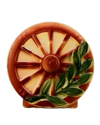 Vintage Wagon Wheel Wall Pocket Planter Pottery 5.5  Round American Bisque  • $13.99